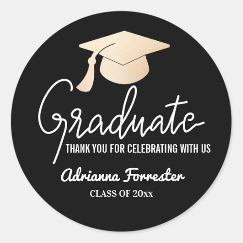 Graduate Script  Grad Hat  Thank You Black Classic Round Sticker