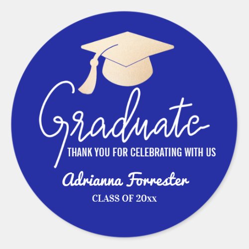 Graduate Script  Grad Hat  Thank You Blue Classic Round Sticker