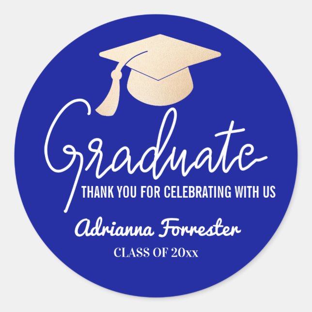 Graduate Script | Grad Hat | Thank You Blue Classic Round Sticker (Front)