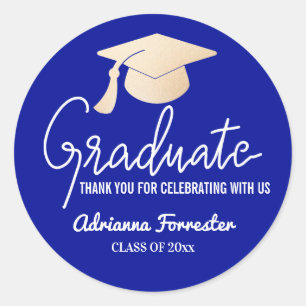 Graduate Script Grad Hat Thank You Blue Classic Round Sticker