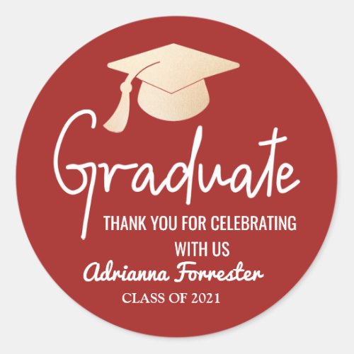 Graduate Script  Grad Hat  Thank You Dark Red Cl Classic Round Sticker