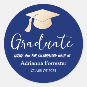 Graduate Script Grad Hat Thank You Navy Blue Classic Round Sticker