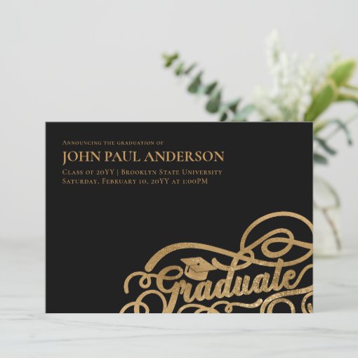 Graduate Script Graduation Grad Cap Black Gold Announcement | Zazzle