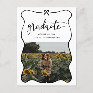Graduate Script Handwritten Cute Bow Heart Photo Announcement Postcard