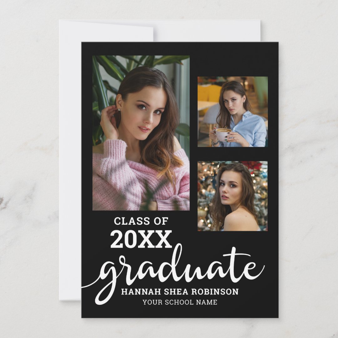 Graduate Script Multi Photo Black Graduation Announcement | Zazzle