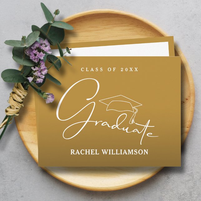Graduate Script on Gold Thank You Note Card (Graduate in white script calligraphy on gold flat thank you note cards with message on the back)