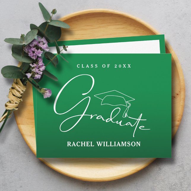Graduate Script on Green Thank You Note Card (Graduate in white script calligraphy on green flat thank you note cards with message on the back)