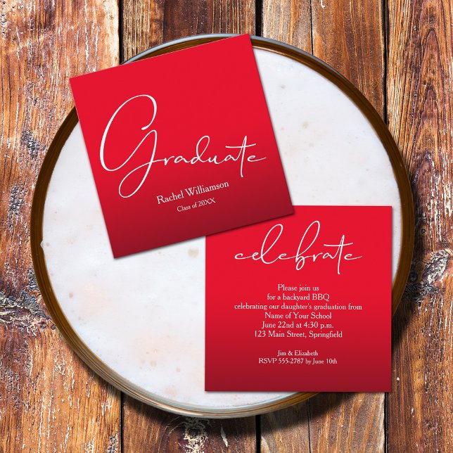 Graduate Script Red Small Party Enclosure Card (Small 2.5" x 2.5" invitations to hand out or mail with your graduation announcements (no envelopes))