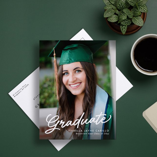 Graduate script simple modern photo graduation invitation postcard (Creator Uploaded)