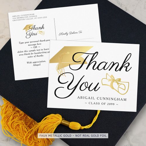 Graduate Script Thank You Faux Gold Cap Diploma Postcard