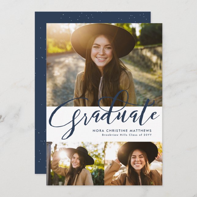 Graduate script three photo navy blue graduation invitation (Front/Back)