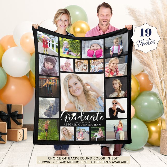 Graduate Script Typography 19 Photo Collage Black Fleece Blanket (Creator Uploaded)