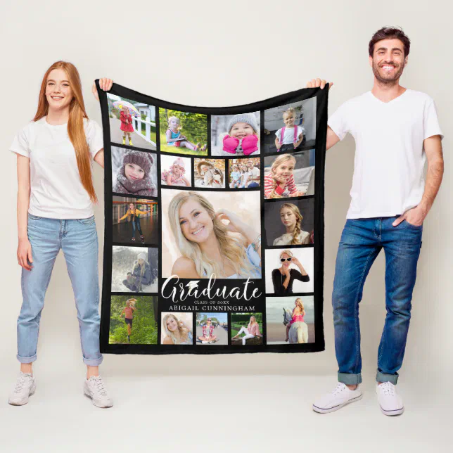 Graduate Script Typography 19 Photo Collage Black Fleece Blanket | Zazzle