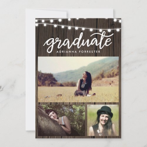 Graduate Script  Wood String Lights Three Photos Invitation