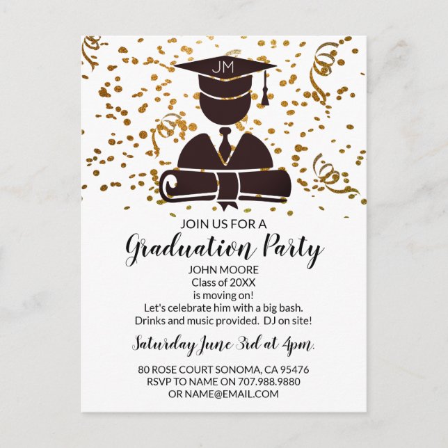 Graduate Silhouette Diploma And Confetti Invitation Postcard (Front)