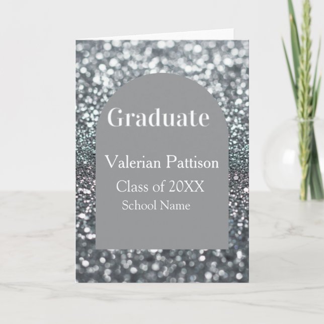 Graduate silver gray glitter arch shape name year card (Front)