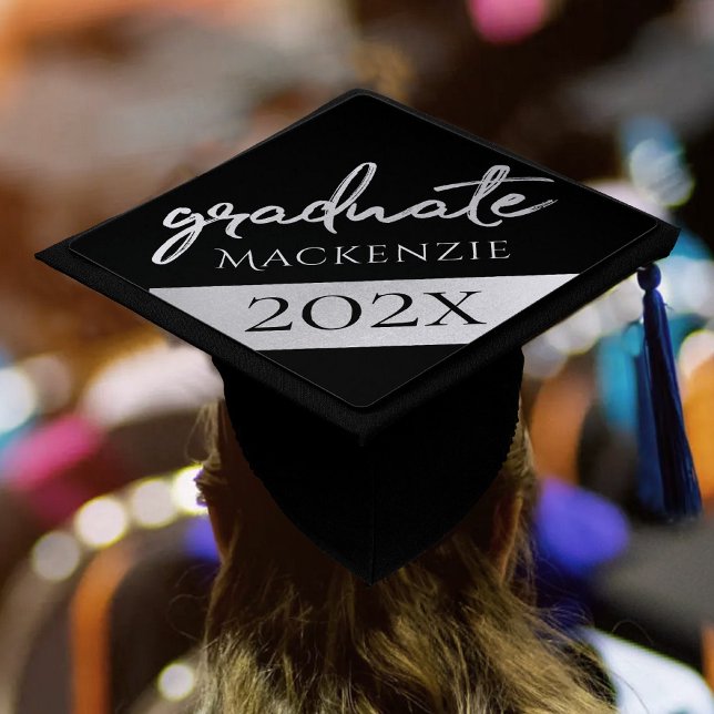Graduate Silver Script | Trendy Faux Metallic Graduation Cap Topper (Creator Uploaded)