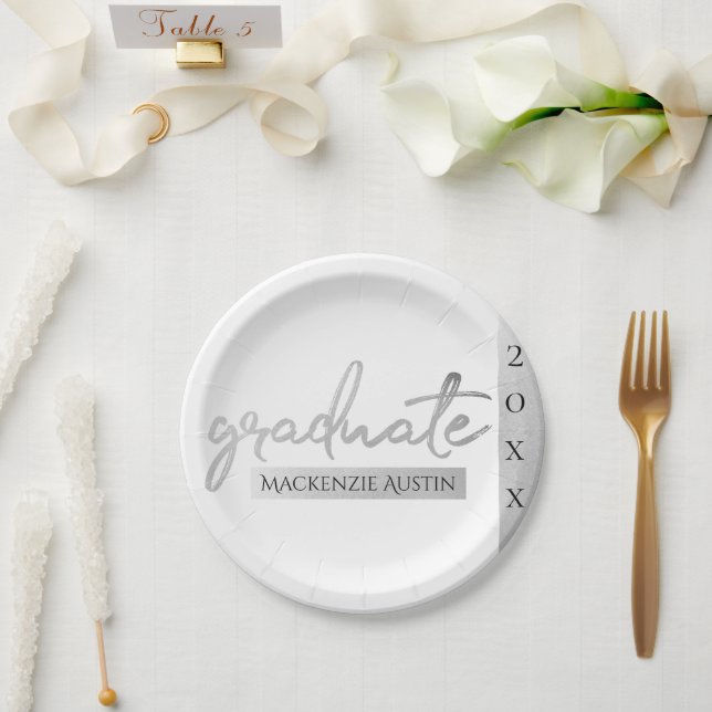 Graduate Silver Script | Trendy Faux Metallic Paper Plates (Wedding)