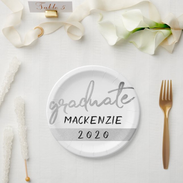 Graduate Silver Script | Trendy Faux Metallic Paper Plates (Wedding)