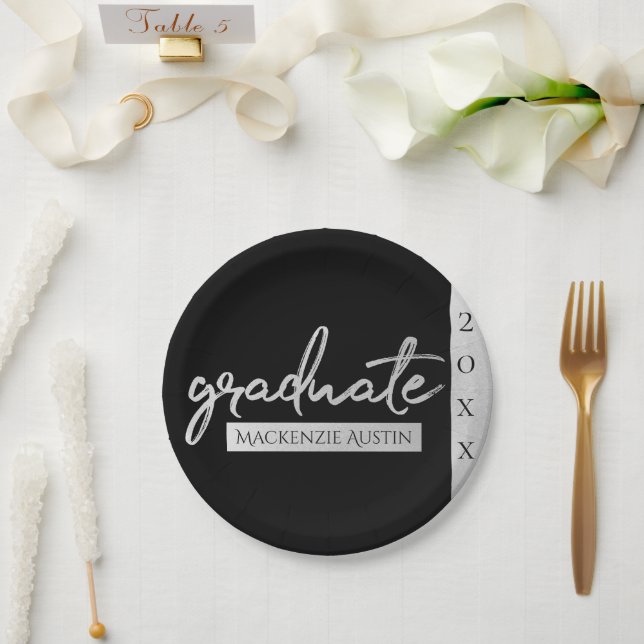 Graduate Silver Script | Trendy Faux Metallic Paper Plates (Wedding)
