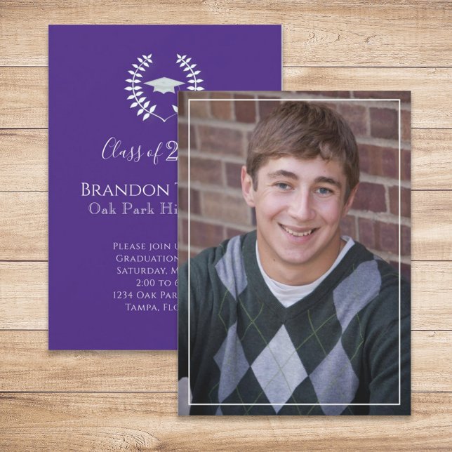 Graduate Simple Elegant Purple Laurel Leaves  Invitation (Graduation photo announcement invitation with a purple color theme.)