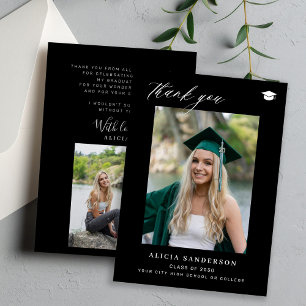 Graduate simple modern black photo graduation thank you card