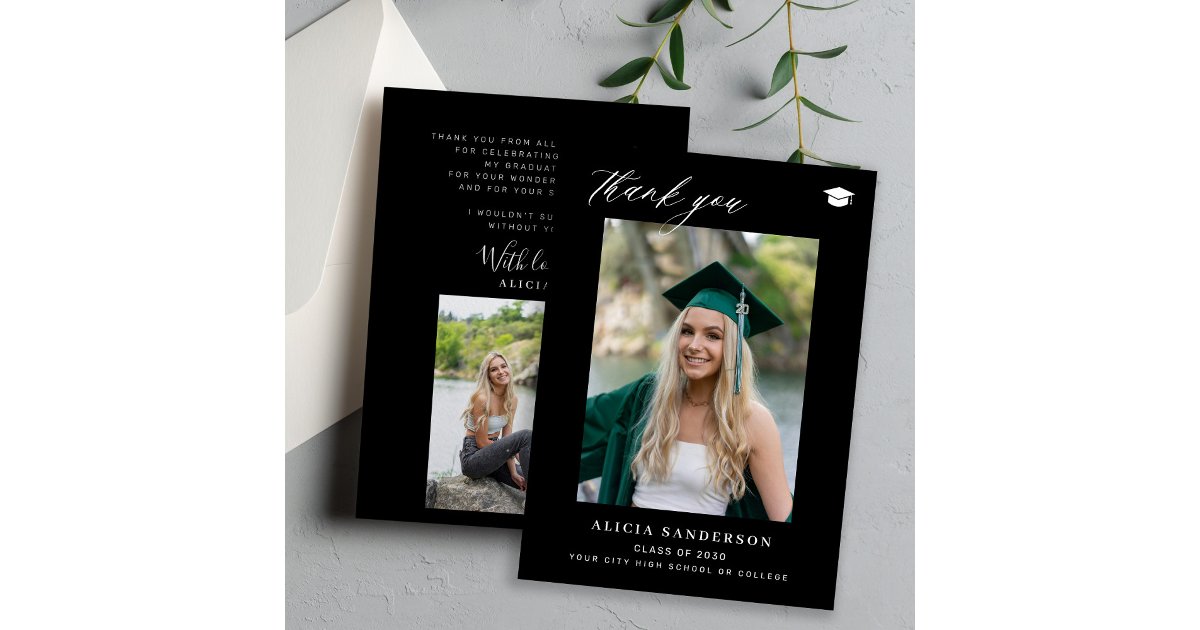 Graduate simple modern black photo graduation thank you card | Zazzle