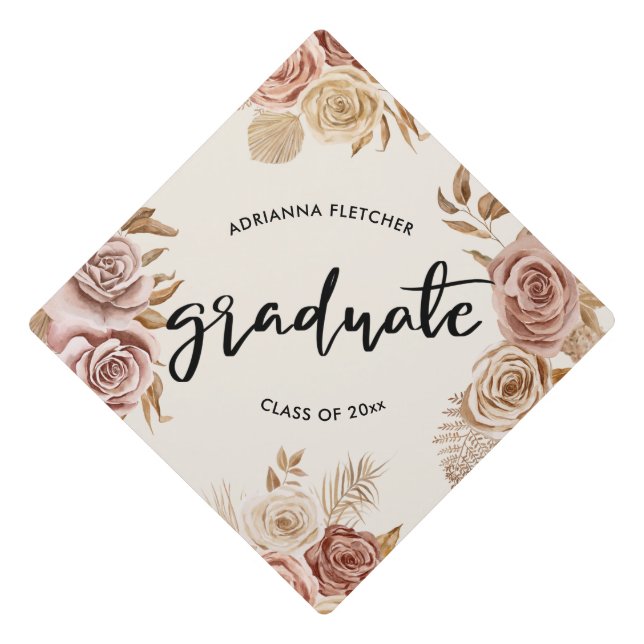 Graduate Simple Modern Script Boho Roses  Graduation Cap Topper (Front)