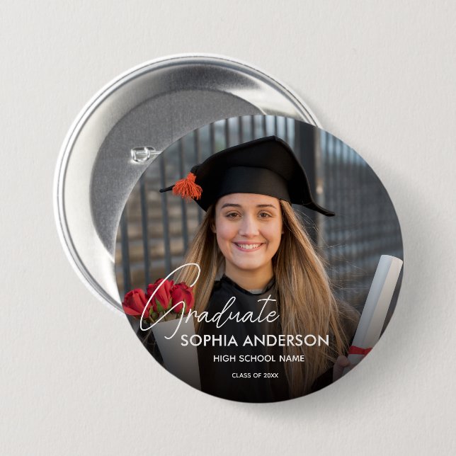 Graduate Simple Modern Script Classic Photo Button (Front & Back)