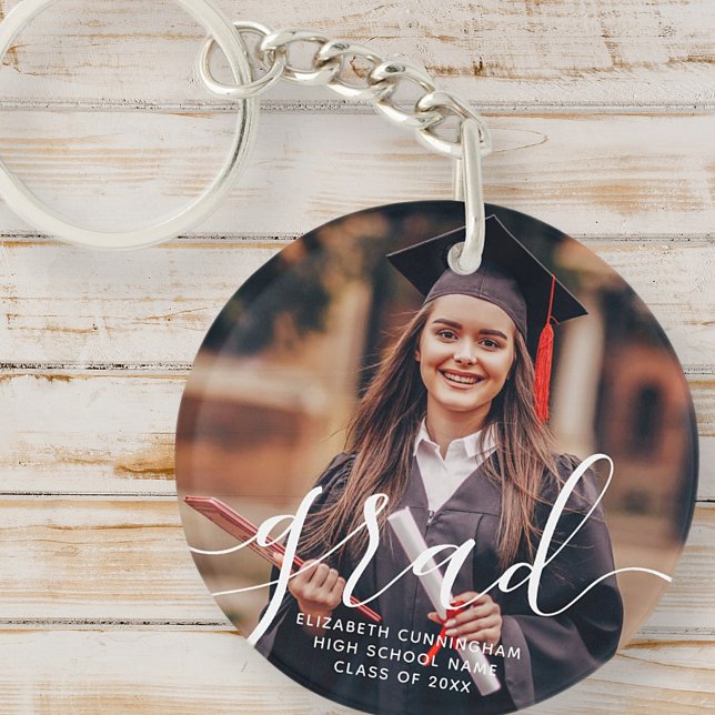 Graduate Simple Modern Script Classic Photo Keychain (Creator Uploaded)