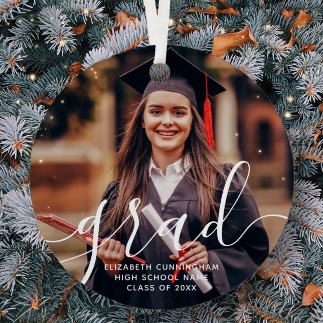 Graduate Simple Modern Script Classic Photo Metal Ornament (Creator Uploaded)