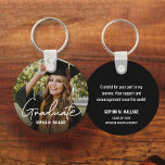 Graduate Simple Modern Script Custom Photo Message Keychain<br><div class="desc">Celebrate your graduation with our "Graduate Modern Script Custom Photo Message Keychain Favor". This elegant keychain features a personalized photo, name on the front, with a custom message from the graduate, Name class year, and school on the back. Perfect as a party favor, this keychain is a unique keepsake that...</div>