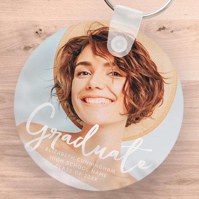Graduate Simple Modern Script Grad Photo Keychain (Creator Uploaded)