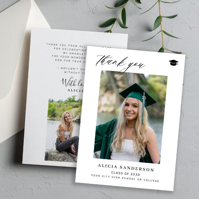 Graduate simple modern script photo graduation thank you card (Creator Uploaded)