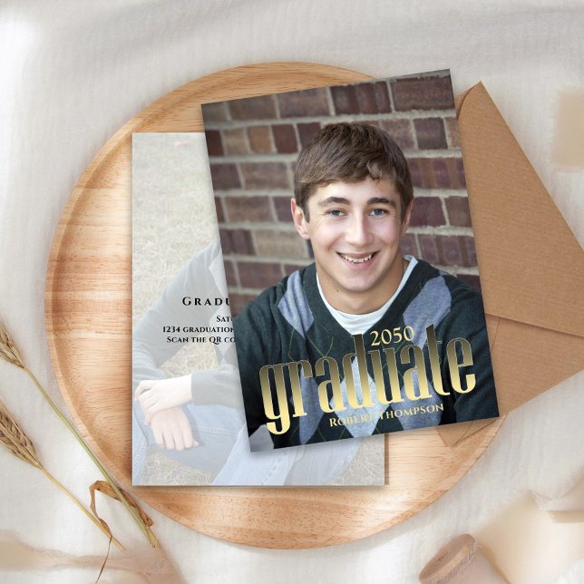 Graduate Simple Photo Black and Gold Typography Invitation (Graduation invitation announcement card with a full bleed photo and gold typography. )