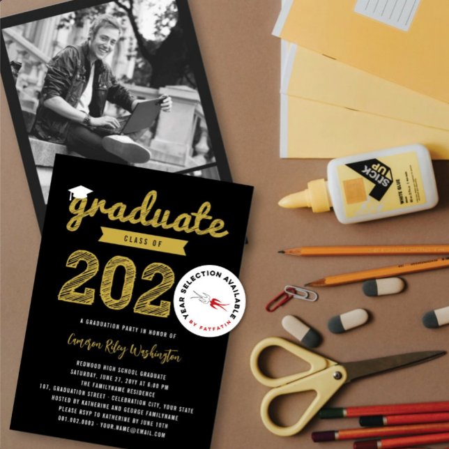 Graduate Sketch Class Of 2026 3 Photo Grad Party Invitation (2025 Gold Graduate Sketch On Black (color is customizable) Graduation Party Invitation @ fatfatin)