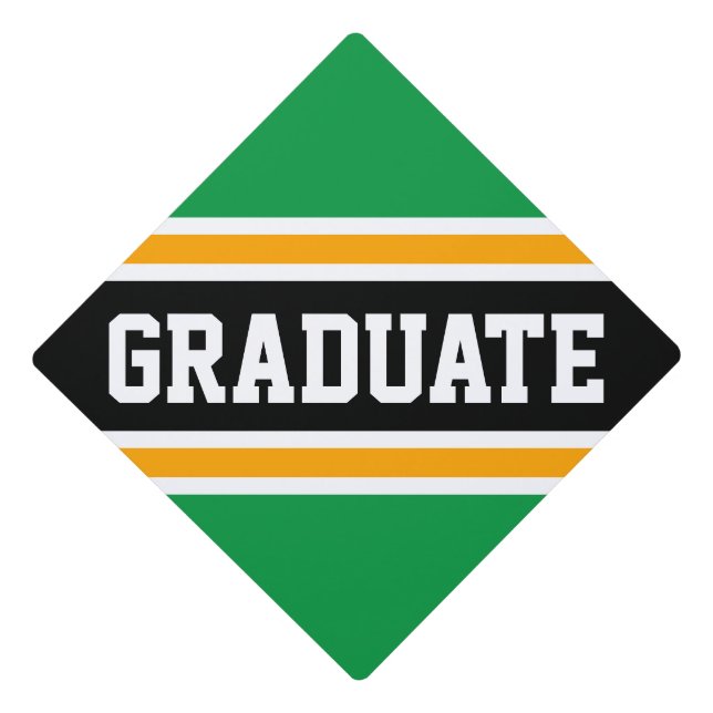 GRADUATE Sporty Green Black Orange White Stripes Graduation Cap Topper (Front)
