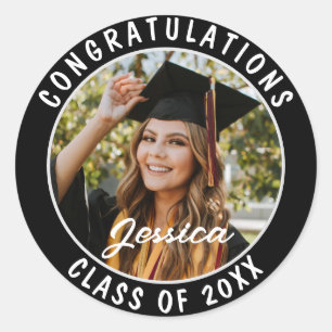 Graduate Student Party Elegant Photo and Name Classic Round Sticker