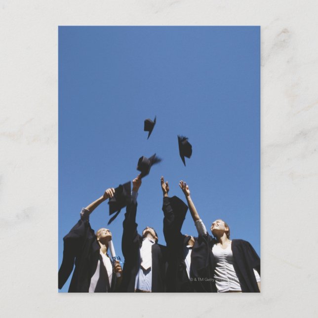 Graduate students throwing mortar boards, announcement postcard (Front)