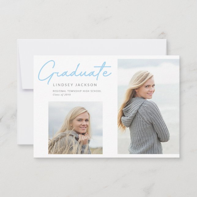 Graduate Stylish Blue Smooth Script 2-Photo Announcement (Front)