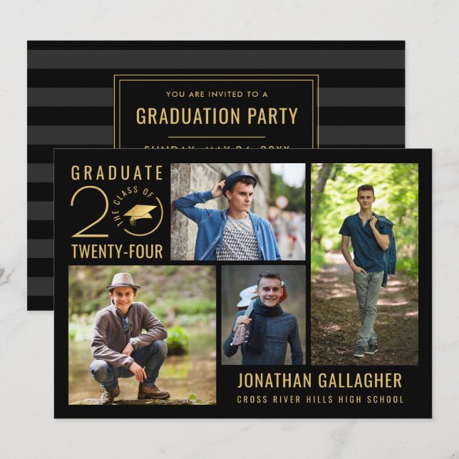 Graduate Stylish Class Year 4 Photo Black Gold Invitation (Front/Back)