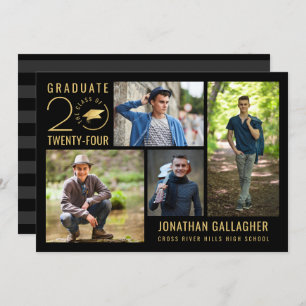 Graduate Stylish Class Year 4 Photo Black Gold Invitation
