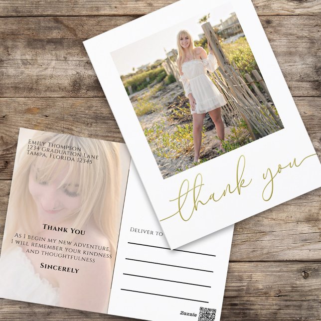 Graduate Stylish Gold Typography Script Photo Postcard (Elegant Graduation photo thank you a postcard with a 2 photo template. )
