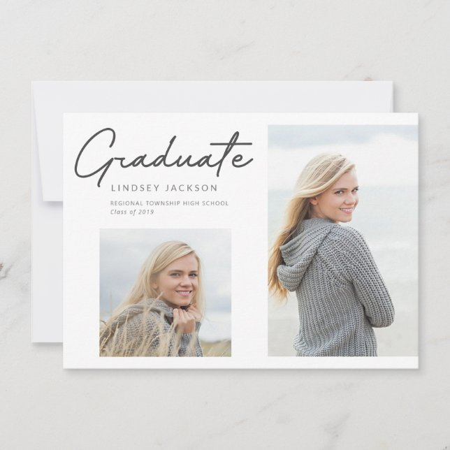 Graduate Stylish Smooth Pen Script 2-Photo Announcement (Front)