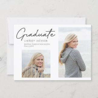 Graduate Stylish Smooth Pen Script 2-Photo Announcement