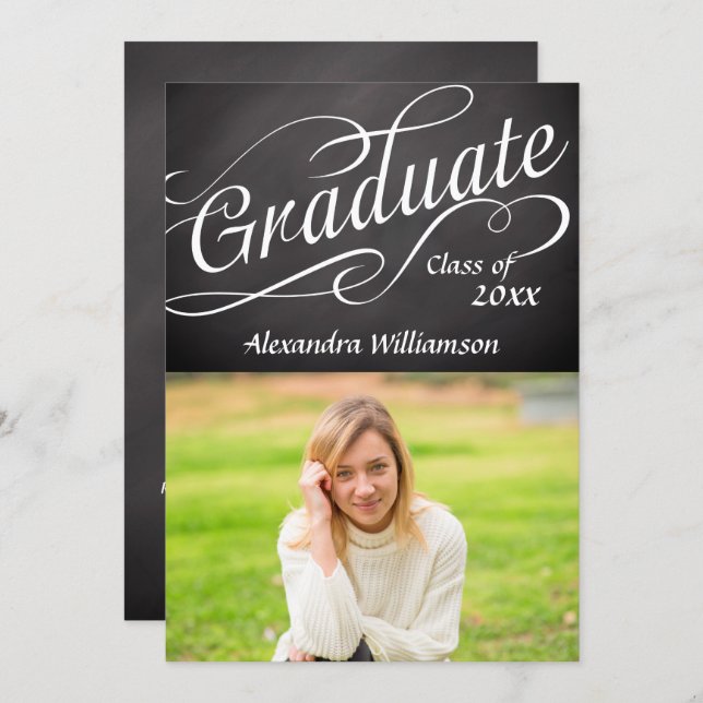 Graduate Swirly Script Chalkboard Photo Graduation Invitation (Front/Back)