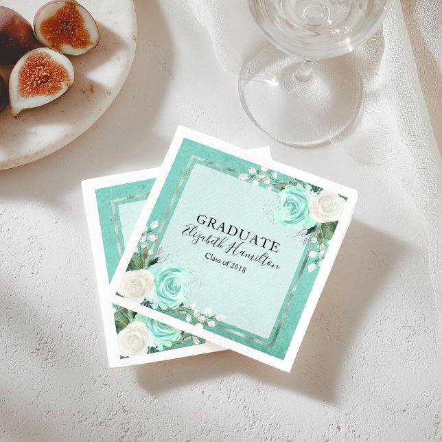 Graduate Teal & Foil Silver Chic Floral Graduation Napkins (Creator Uploaded)