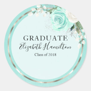 Graduate Teal & Foil Silver Modern Chic Floral Classic Round Sticker