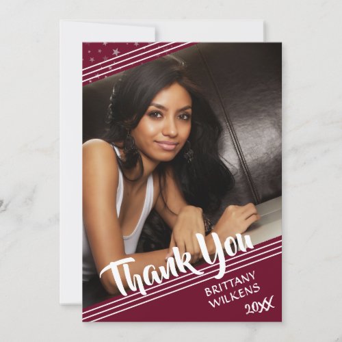 Graduate Thank You Lines  Stars Editable Maroon Thank You Card