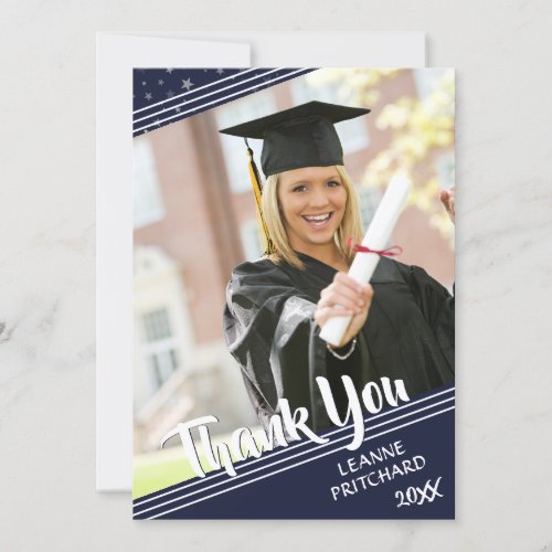 Graduate Thank You Lines  Stars Navy Blue Thank You Card
